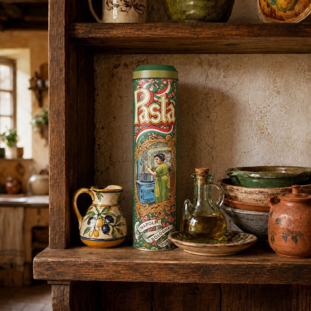 Vtg Pasta Spaghetti Storage Tin Canister Scenic Italy Retro Cottage Decor 11x3